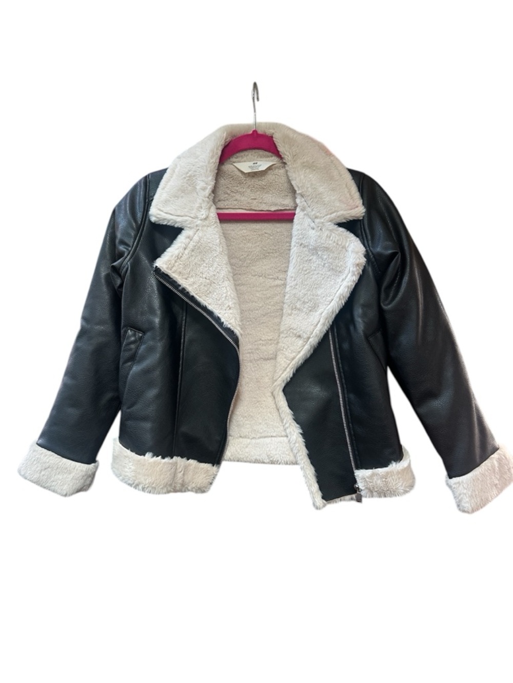 H&M Black Faux Leather Jacket with Cream Sherpa Lining (Girls)